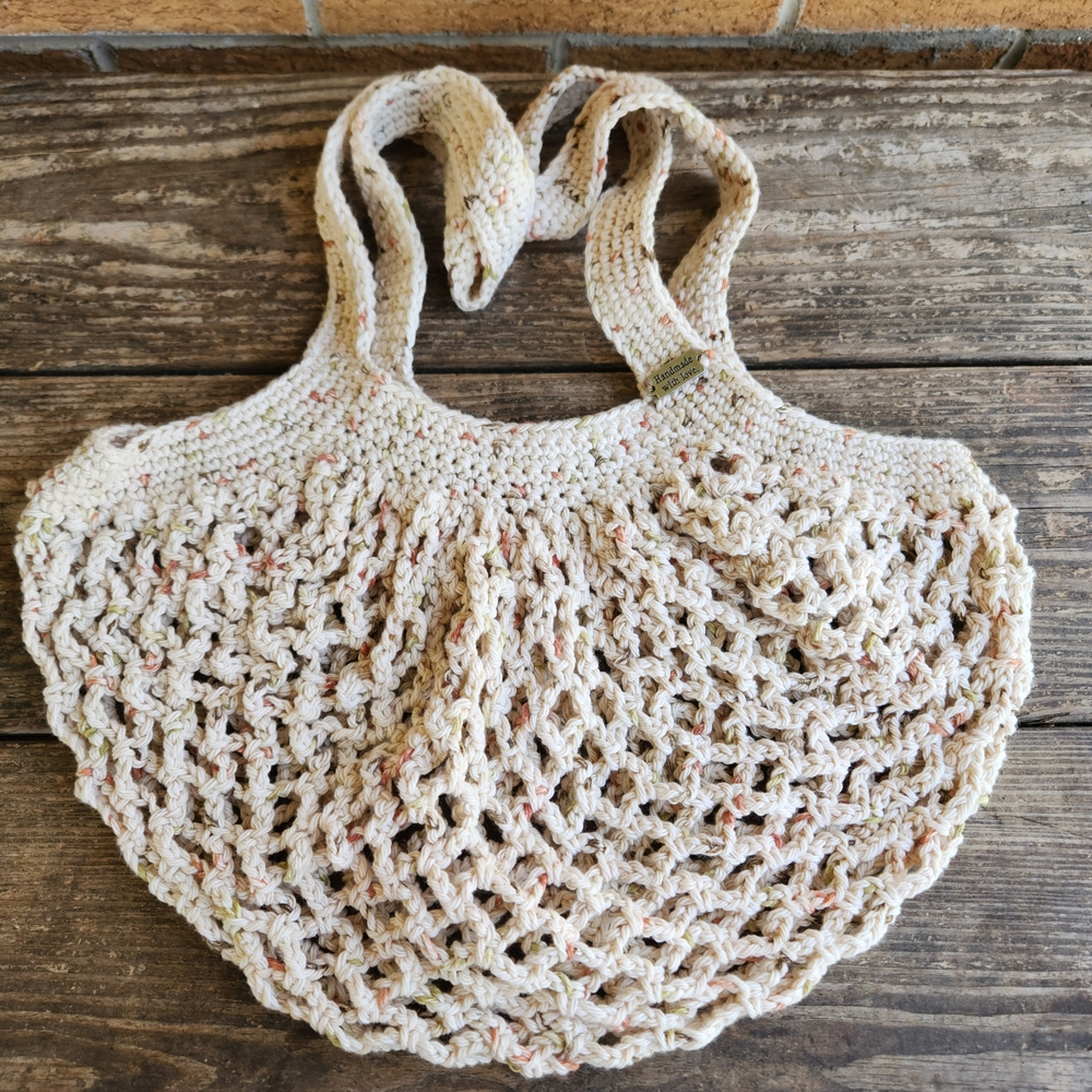 Handmade Crochet Market Tote Bag in Cream with Speckled Accent
